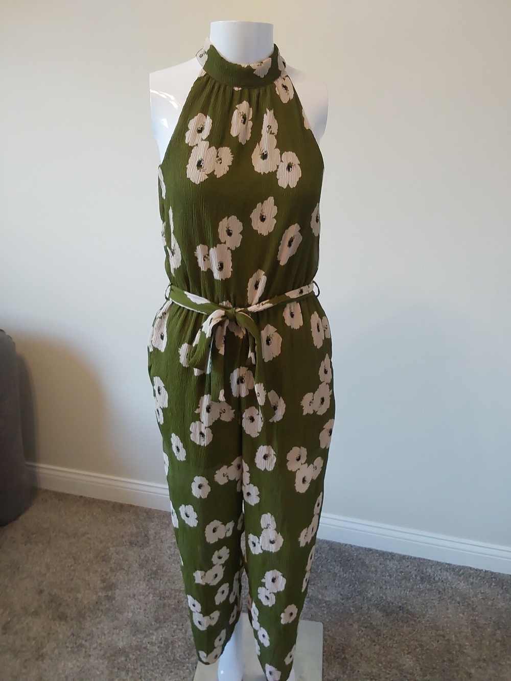 Women’s Olive Green Floral Halter Jumpsuit